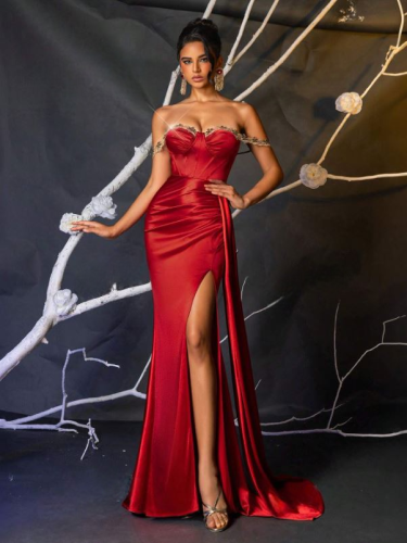 E472 Red Dress with Gold Neckline